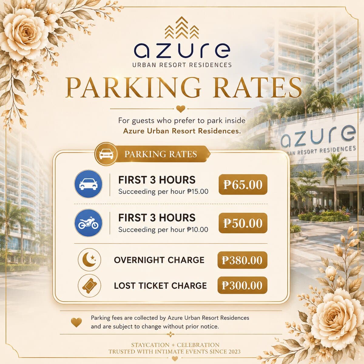 Azure Urban Resort Residences official parking rates card — for guests who prefer to park inside Azure