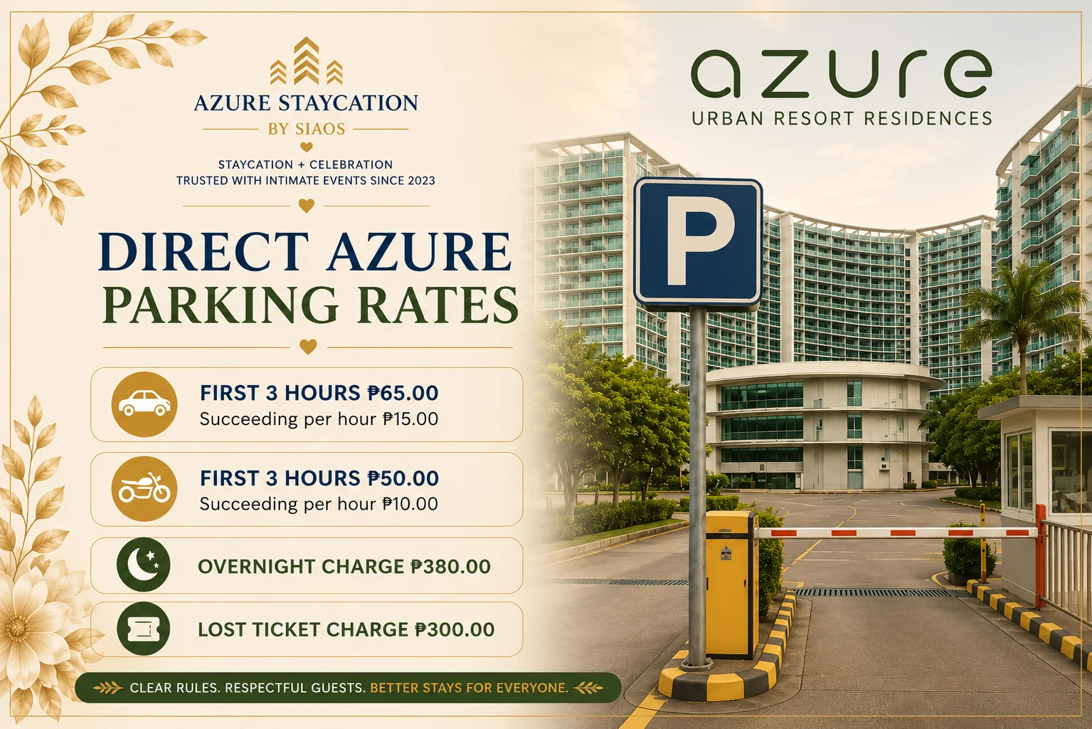 Direct Azure parking rates card, Azure Urban Resort Residences