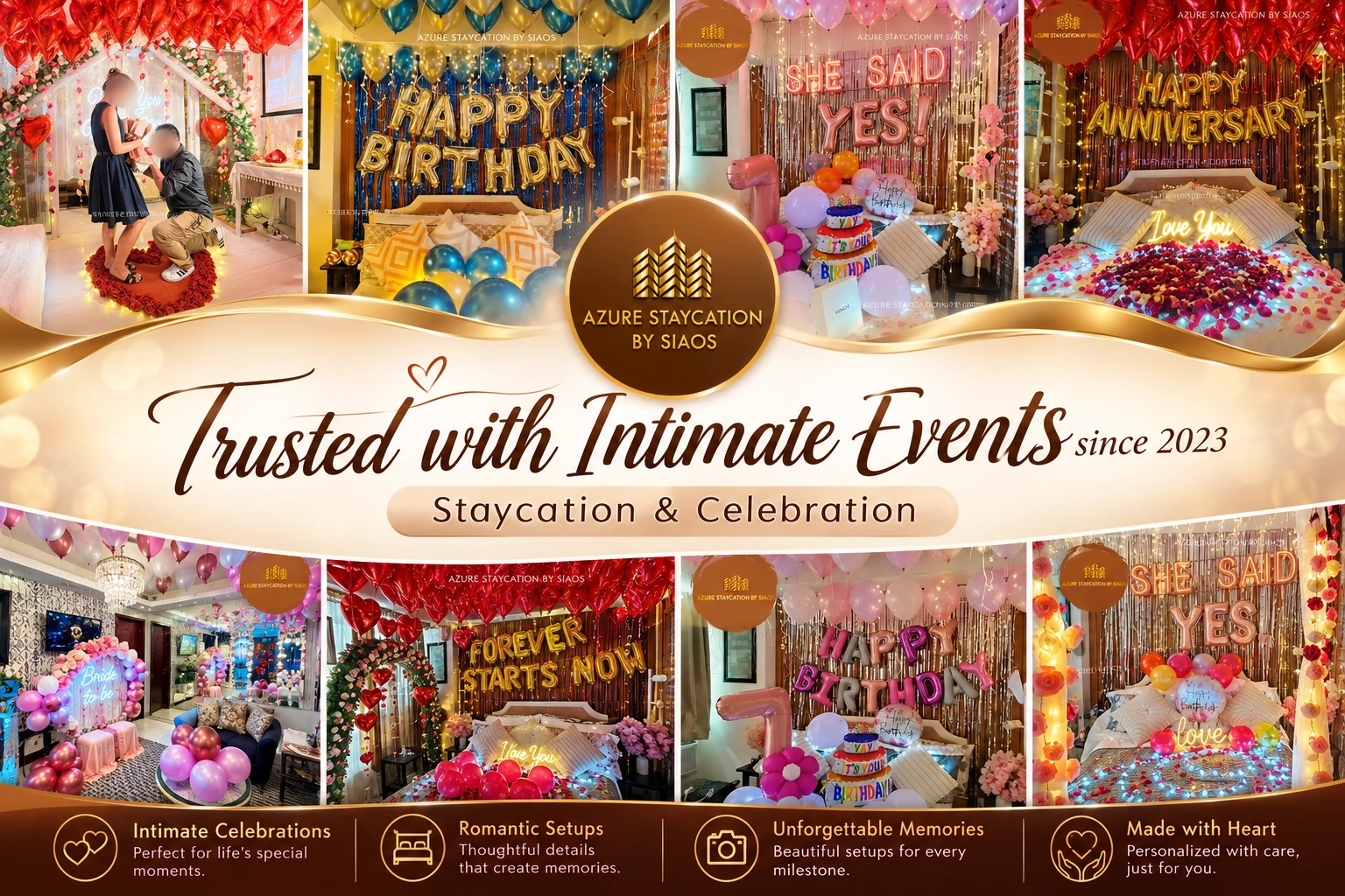 Azure Staycation by Siaos celebration setups — proposals, birthdays, and anniversaries, trusted with intimate events since 2023