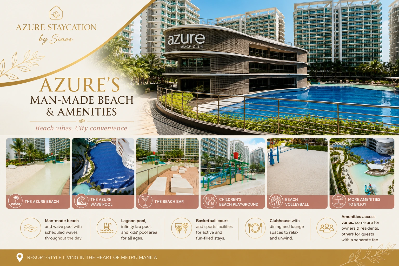 Azure Urban Resort Residences man-made beach, wave pool, and clubhouse amenities