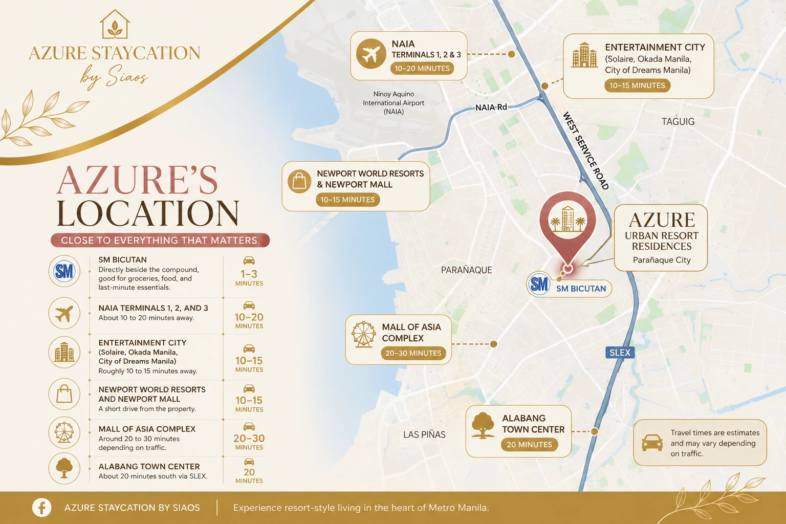 Map of landmarks near Azure Urban Resort Residences, including SM Bicutan, NAIA, Entertainment City, and Alabang Town Center