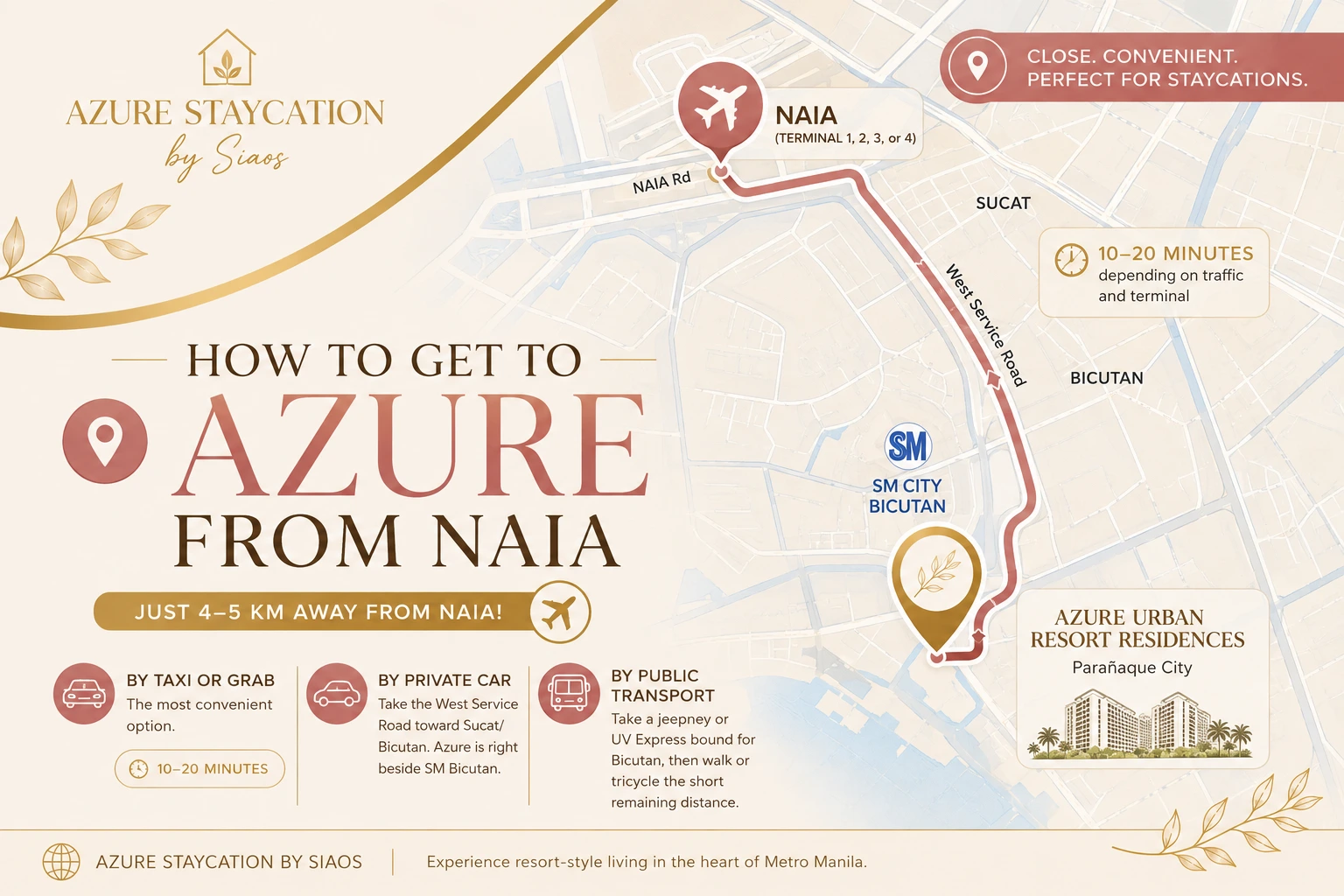 Map showing how to get to Azure Urban Resort Residences from NAIA — by taxi, private car, or public transport