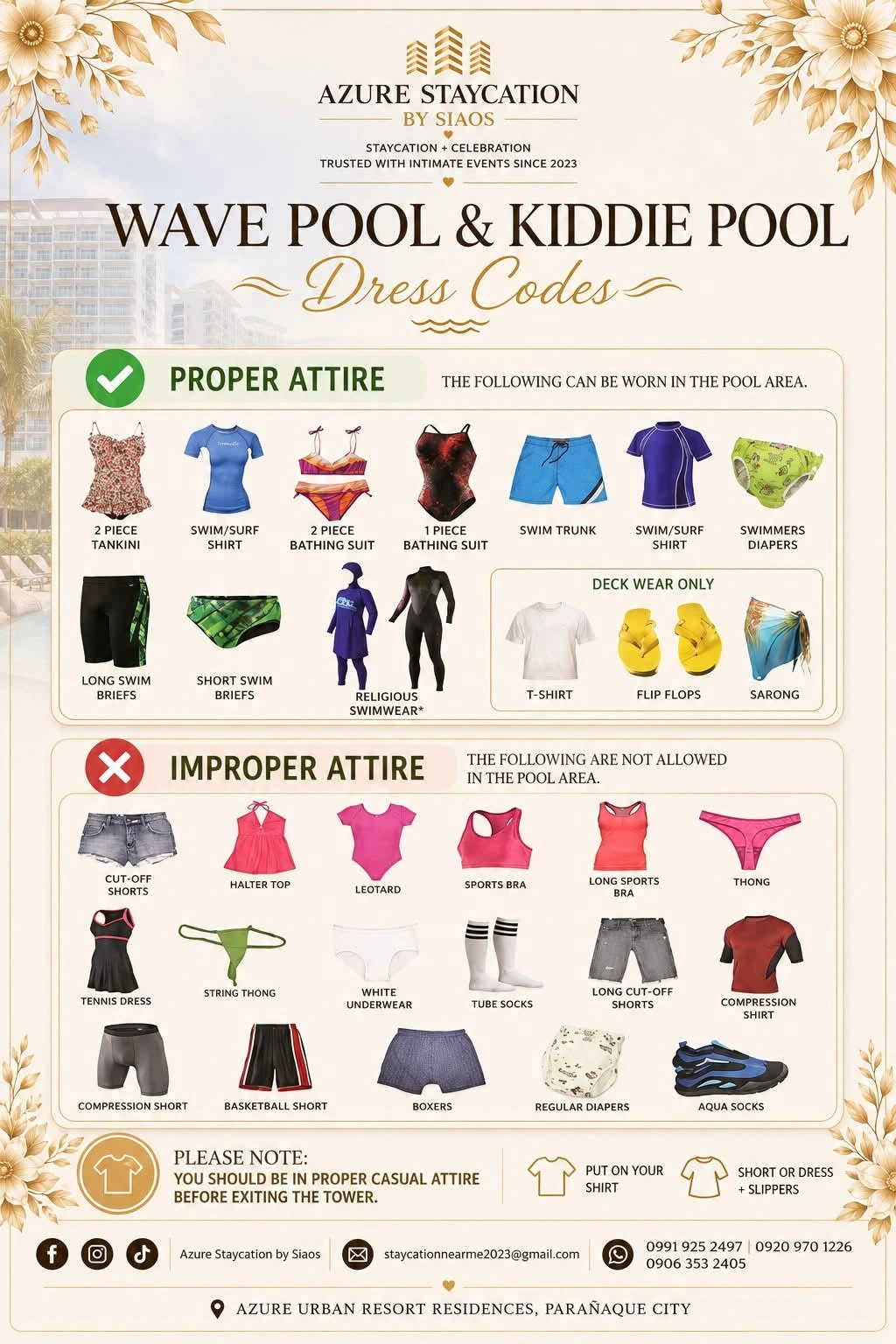 Proper and improper swimwear attire chart for Azure wave pool