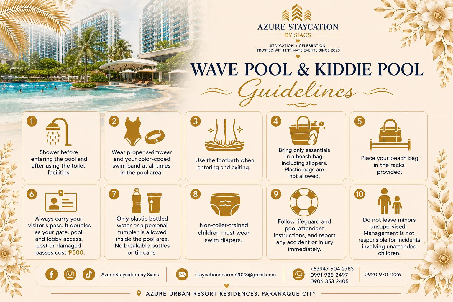 Wave pool and kiddie pool guidelines covering showers, footbaths, and belongings