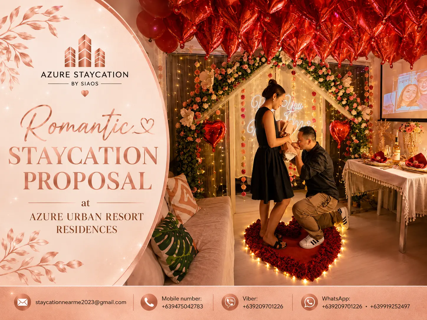 Couple celebrating after a private proposal at an Azure Urban Resort Residences staycation