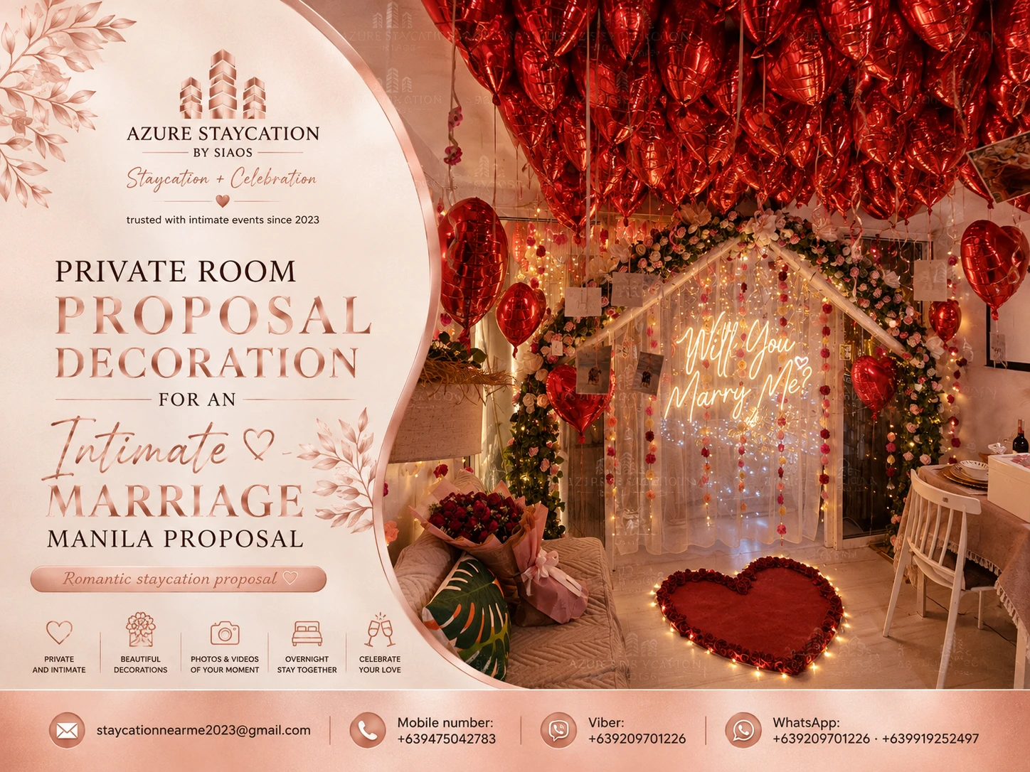 Romantic staycation proposal setup with rose petals, candles, and a personalized message