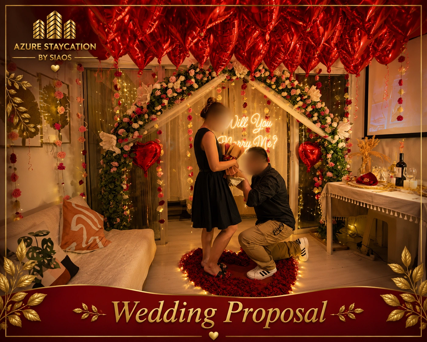 Wedding proposal room setup with flowers and signage at Azure Urban Resort Residences